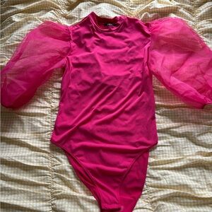 Hot Pink Bodysuit with Sheer Sleeves